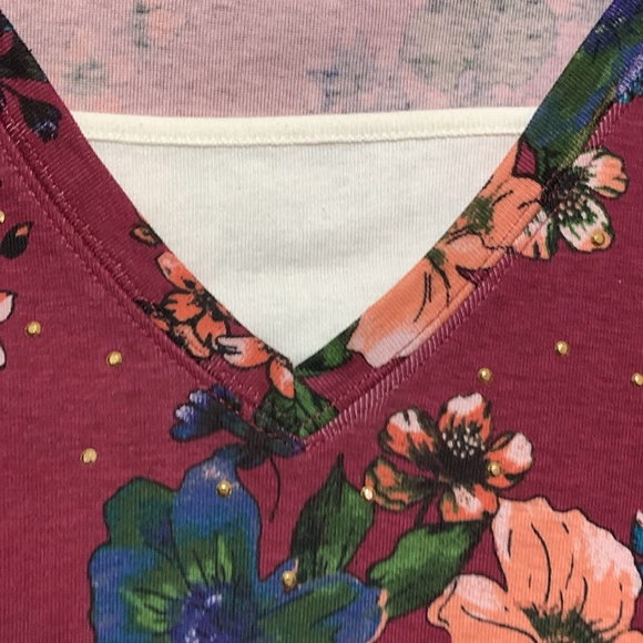 i.b.diffusion Top Blouse 2X Burgundy Red Blue Pink Floral Pullover Stretch - Picture 4 of 12